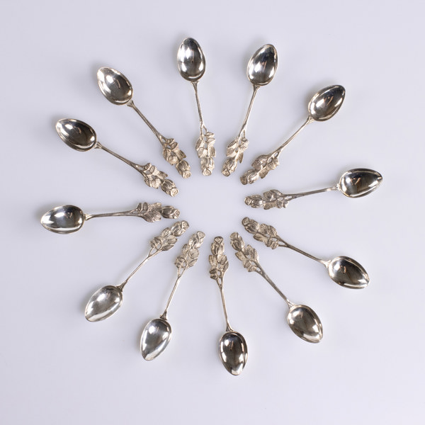 Kaffeskedar, 12+2 delar, silver, vikt 130,3 g