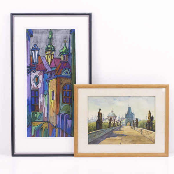 Oidentifierade konstnärer, 2 st, akvarell, pastell, motiv från Prag