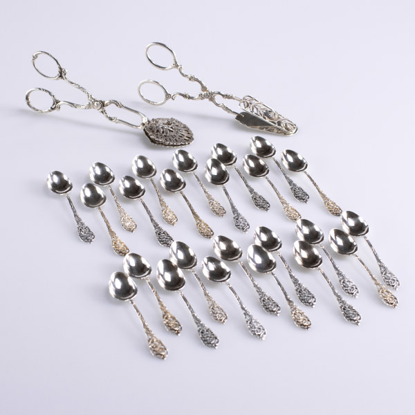 Kaffeskedar, kaktänger, 26 delar, silver, vikt 269 gram