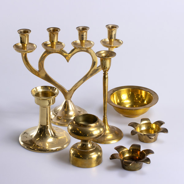 Ljusstakar, ljushållare, 7 delar, mässing, högsta 25 cm