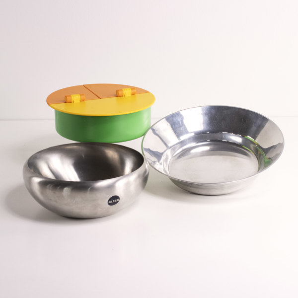 Skålar, 3 st, rostfritt stål, plast, bl a Alessi, Ø 35 cm och mindre