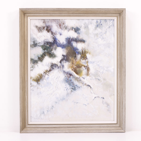 Henning Hougaard, olja på pannå, "Ekorre i vinterlandskap", signerad