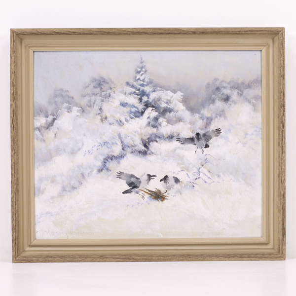 Henning Hougaard, olja på pannå, "Kråkor i vinterlandskap", signerad