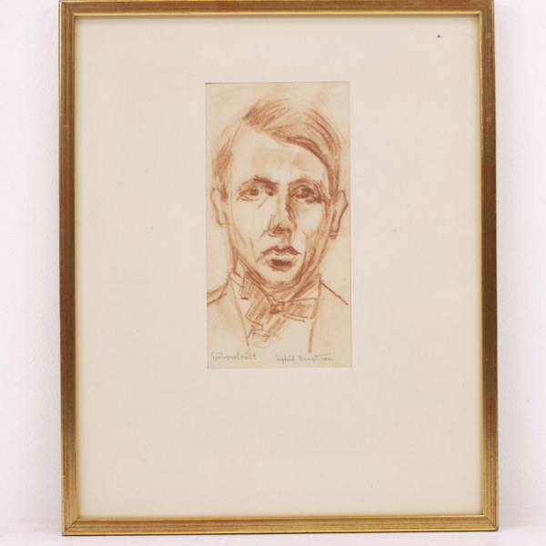 Sigfrid Bengtsson, rödkrita, självporträtt, signerad