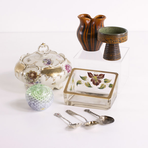 Ljusstakar, konstglas, silverskedar, 10 delar