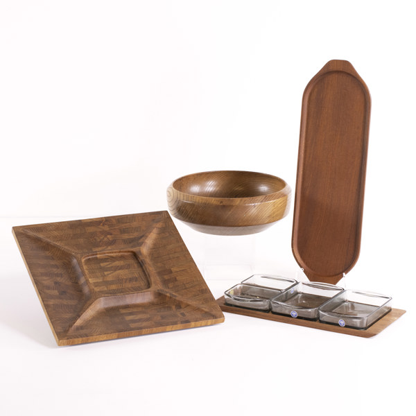 Fat, skålar, bl a teak, Digsmed, längsta 44 cm