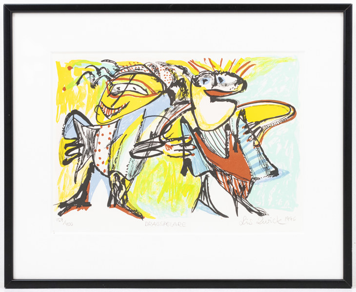 Lis Zwick, färglitografi, "Dragspelare", signerad, numrerad 159/400