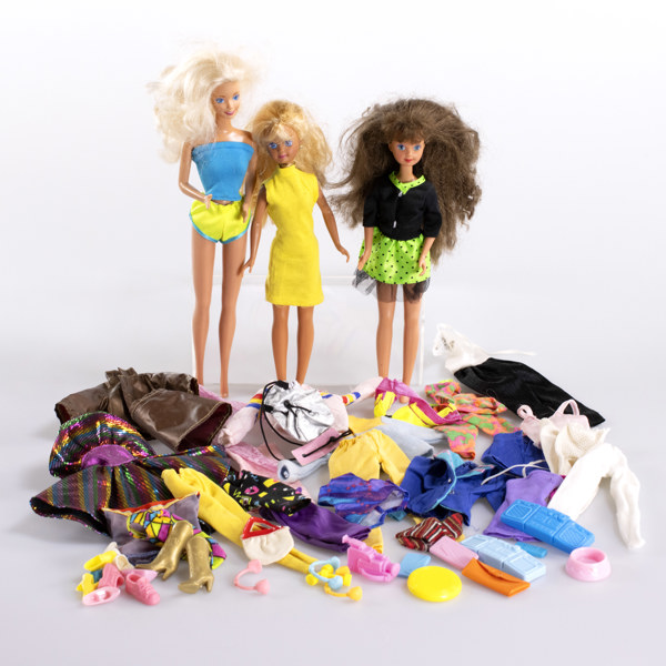 Dockor, 3 st, Barbie, Mattel, med tillbehör, 1960/80-tal