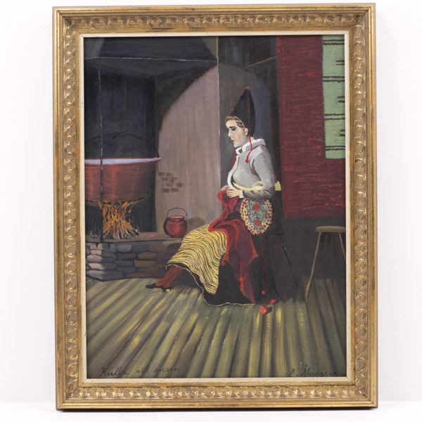 Oidentifierad konstnär, olja på duk, "Kulla vid spisen", signerad N Åkergren