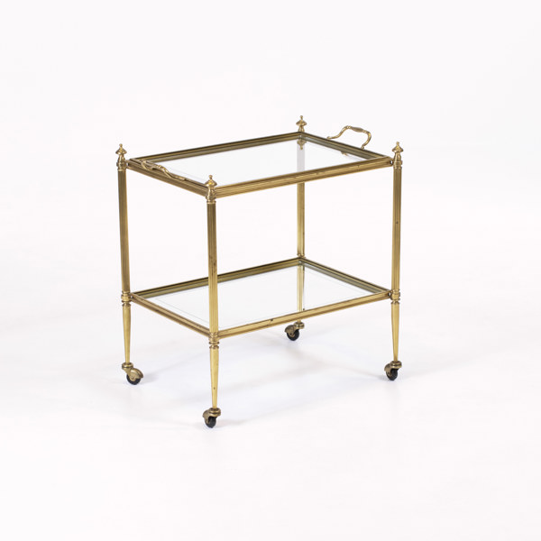 Serveringsvagn med bricka, gulmetall, glas