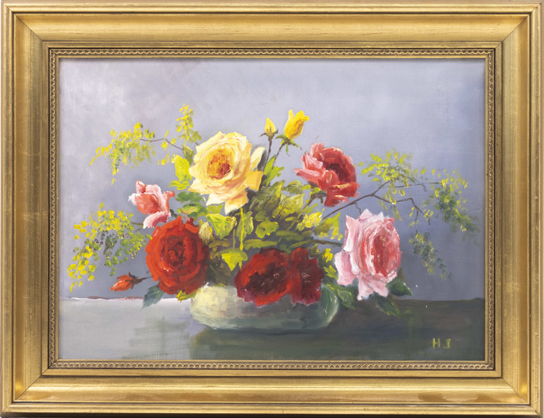 Oidentifierad konstnär, olja på duk, blomsterstilleben, signerad HJ, 56 x 43 cm