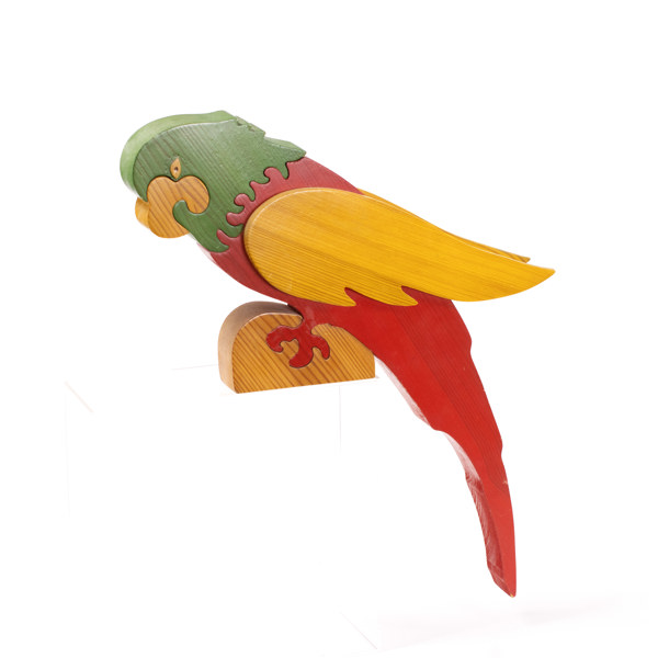 Träskulptur, papegoja, Legnomagia, Italien, längd 65 cm