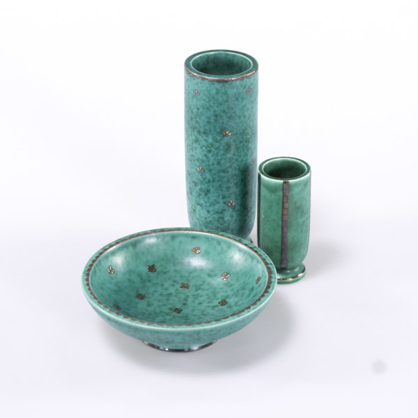 Wilhelm Kåge, skål och vaser, 3 st, "Argenta", Gustavsberg