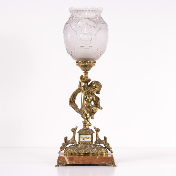 Bordslampa, mässing/glas, putti, höjd 64 cm