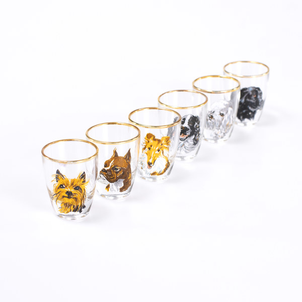 Snapsglas, 6 st, med hundmotiv, höjd ca 6 cm