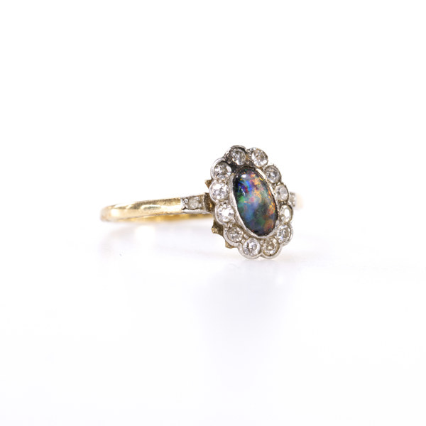 Ring, 14k guld, opal/spineller, storlek 18,25