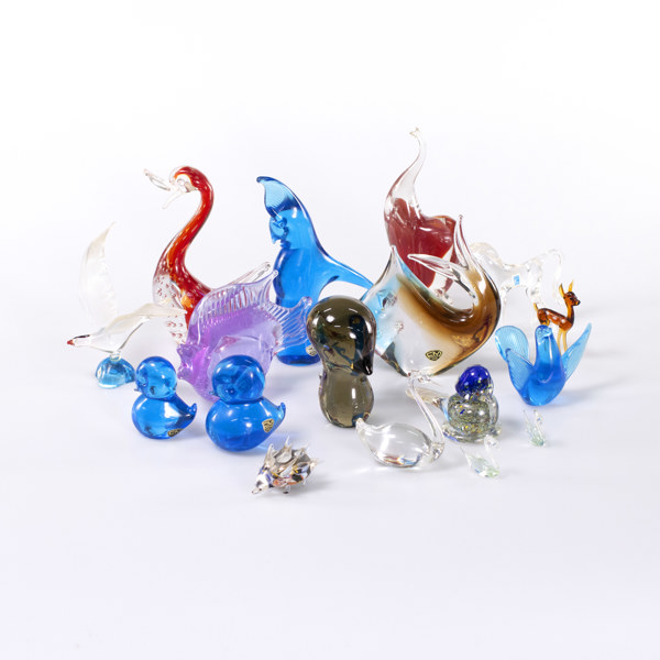 Figuriner, 17 st, glas, bl a Murano, högsta 19 cm