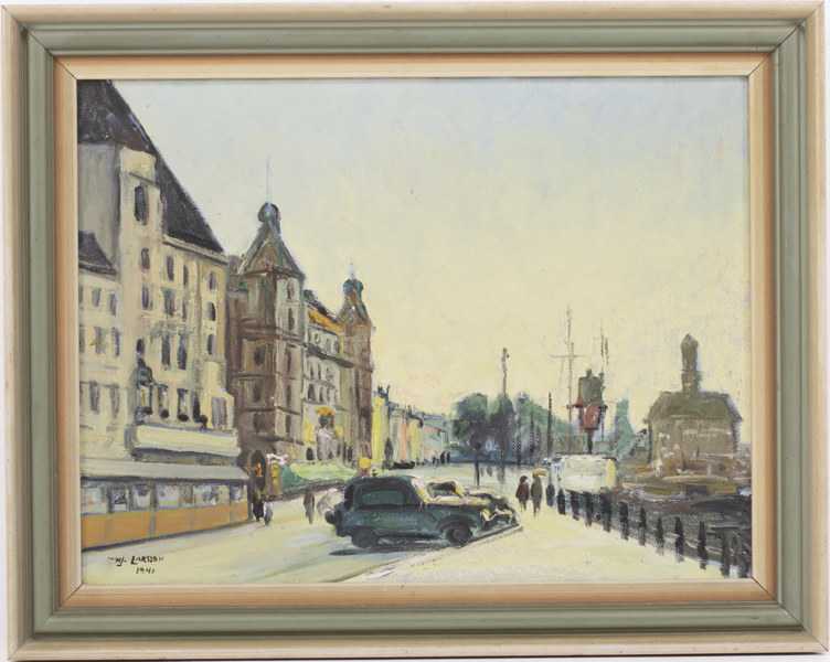 Hjalmar Larsson, olja på pannå, motiv från Malmö, signerad, daterad 1941, 73 x 58 cm
