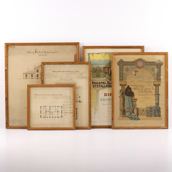 Ritningar, diplom, 5 delar, "Idiothemmet i Lund", 1800/1900-tal