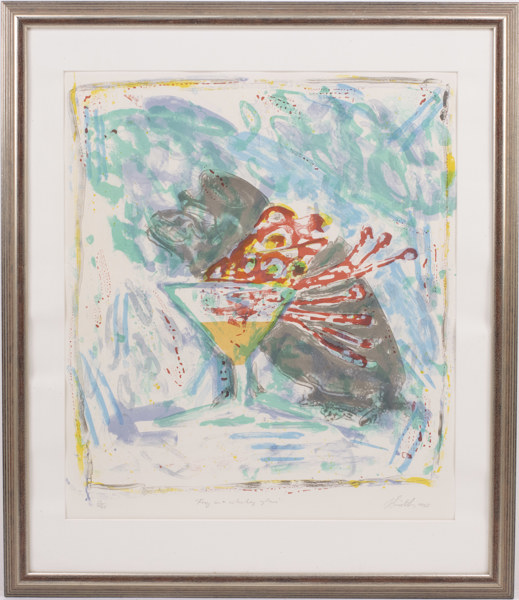 John Noel Smith, litografi, "Frog in a whiskey glass", signerad, 79 x 92 cm