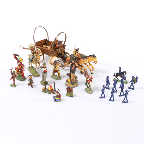Leksaksfigurer, 21 st, indianer, soldater, bl a Elastolin