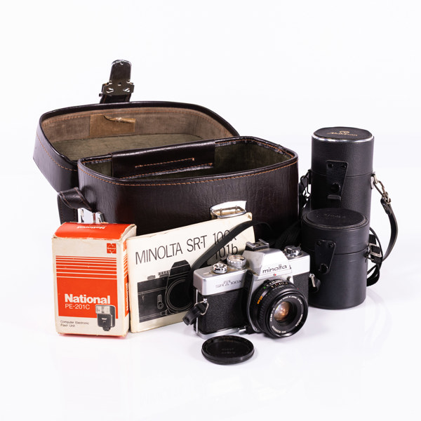 Systemkamera, Minolta, SRT100x, 3 objektiv, tillbehör, 70-tal, Japan