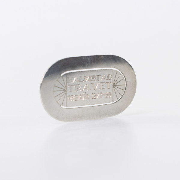 Jan Lundgren, bokmärke, sterlingsilver, "Halmstadtravet Premiär 12/7 -69"