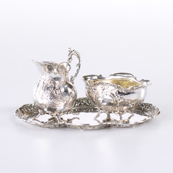 Grädd- och sockerskål med fat, silver