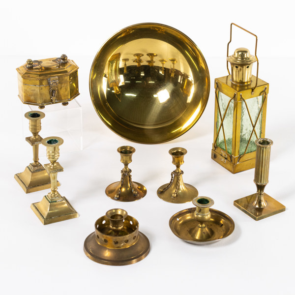 Mässing, 10 delar, bl a Ystad Metall, högsta 25 cm