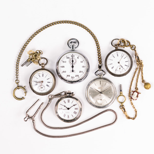 Fickur, stoppur, 5 st, bl a Roamer, 49 mm och mindre