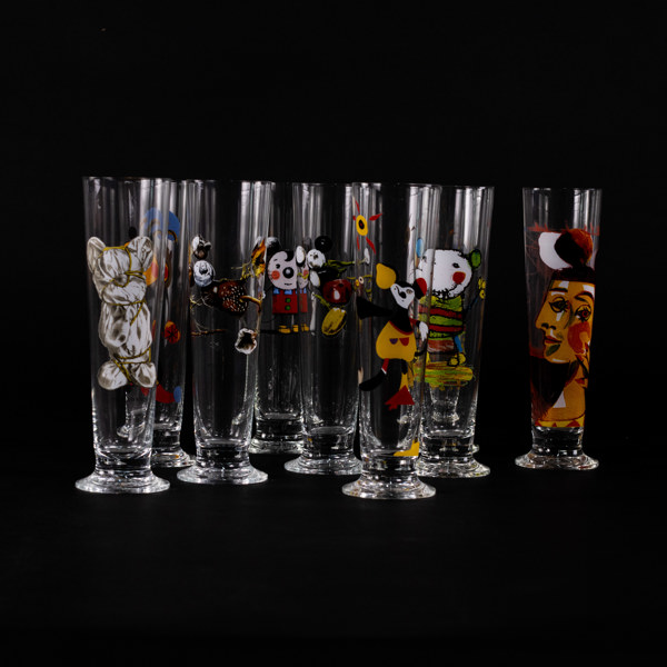 Lasse Åberg, ölglas, 9 st, "Konst på glas", höjd 22,5 cm