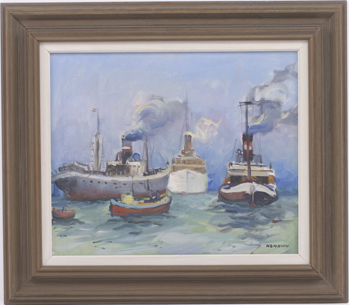 Axel Hamborn, olja på duk, motiv med båtar, signerad, 63 x 55 cm