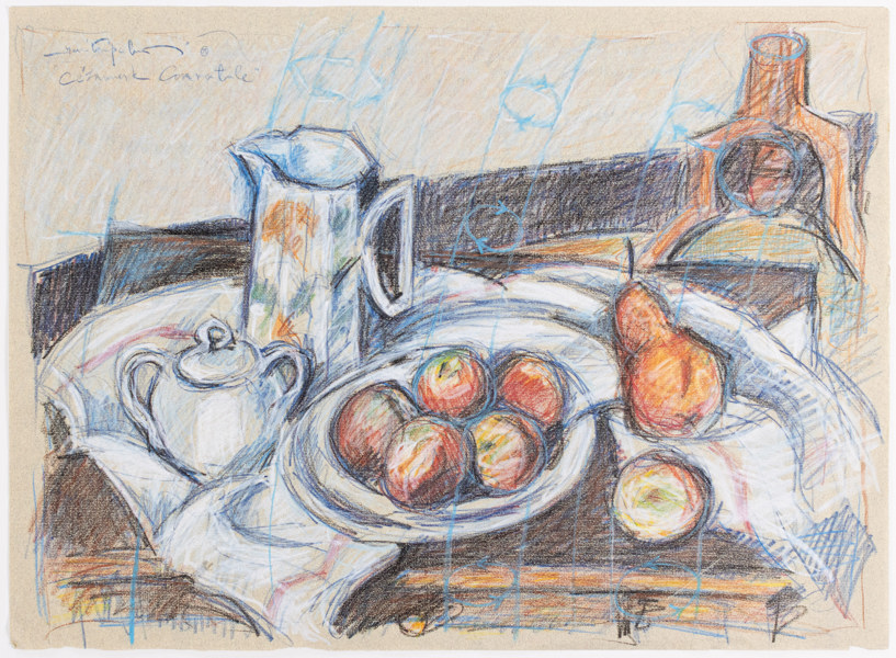 Jussi Taipaleenmäki, krita, stilleben, signerad, 64 x 47 cm