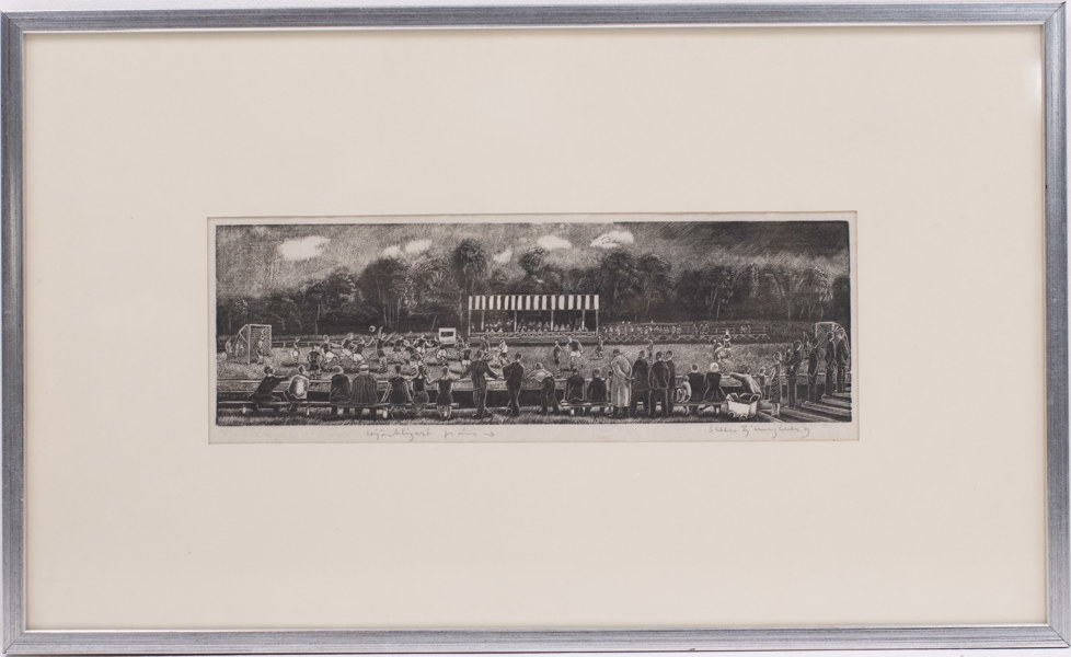 Sven Ljungberg, träsnitt, fotbollsmatch, signerad, 59 x 36 cm