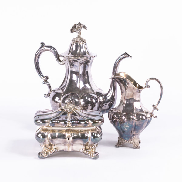 Kaffeservis, 3 delar, nysilver, K Andersson, 1910-tal, högsta 28 cm