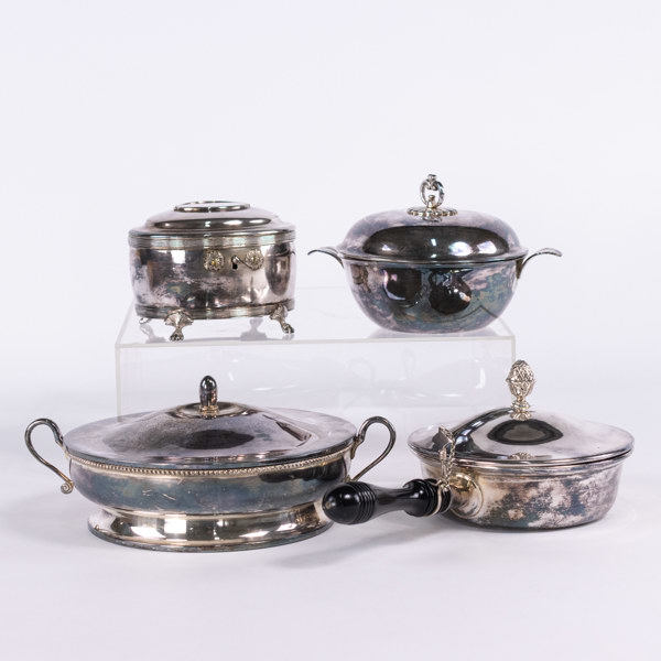 Nysilver, 4 delar, bl a lockskålar, sockerskrin, största diameter 20 cm