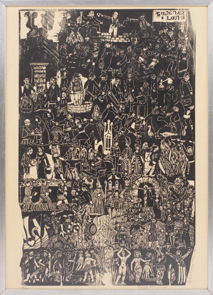 Yngve Berg, träsnitt, "Tusen år i Lund", signerad, numrerad 3/100