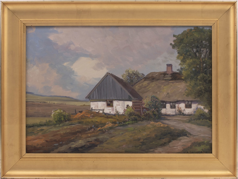 A. Bachmann, olja på duk, gårdsmotiv, signerad, 83 x 62 cm