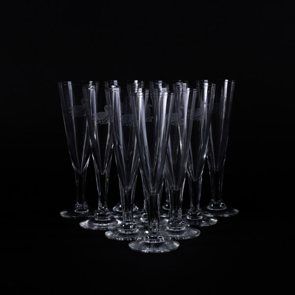 Snapsglas, 10 st, etsad dekor med gås, höjd 17 cm