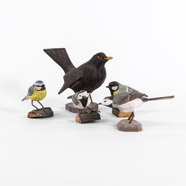 Skulpturer, 5 st, fåglar, snidat trä, bl a Kenneth Pettersson