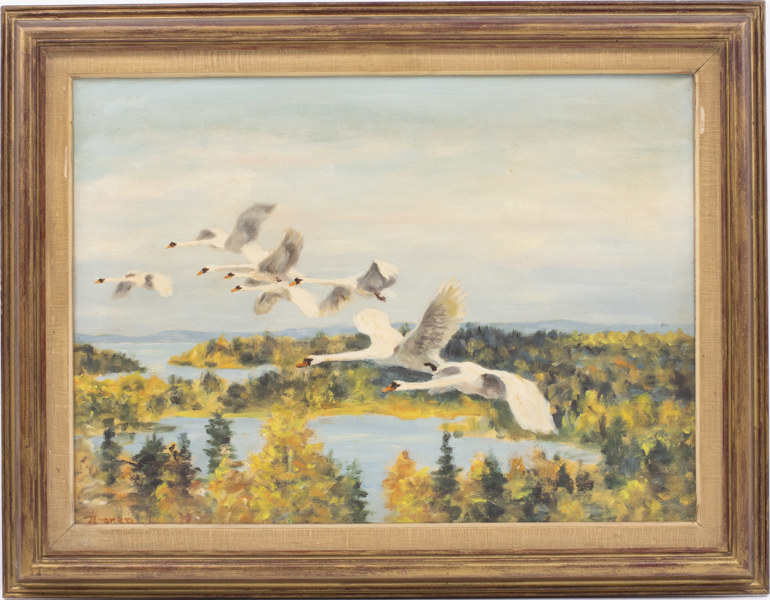 Hugo Hallengren, olja på duk, motiv med svanar, signerad H-gren, 79 x 61 cm