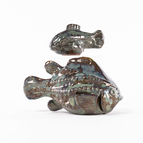 Erik Engqvist, skulpturer, 2 st, fiskar, signerade, längd 16,5 cm