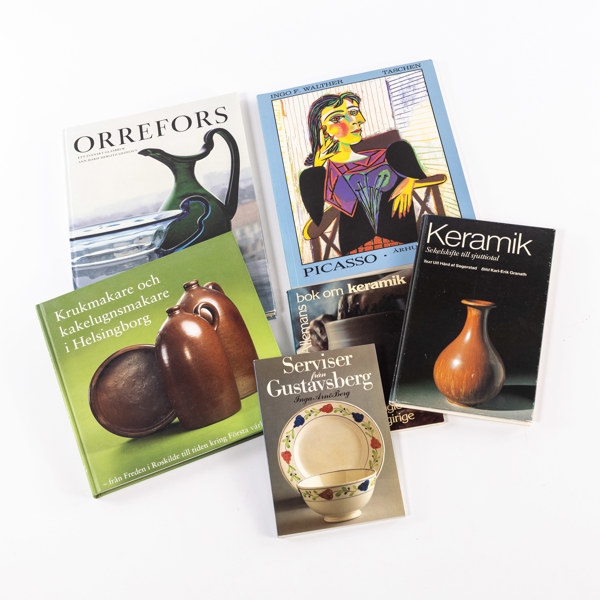 Böcker, 6 st, keramik, glas, konst, m.m.