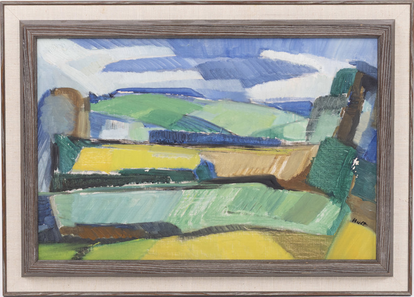 Torsten Hult, olja på pannå, "Landskap, Brunnby". signerad, 54 x 39 cm