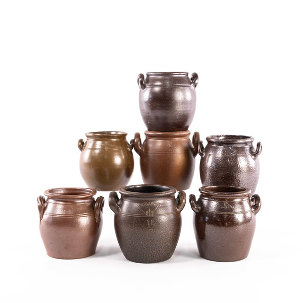 Krus, 7 st, 1L, stengods, Raus, Höganäs, m.m.