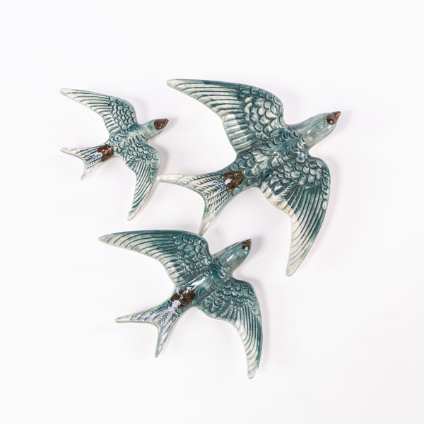 Väggfåglar, 3 st, porslin, längsta 15 cm