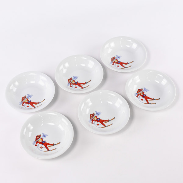 Aina Stenberg, djupa tallrikar, 6 st, "Tomtejul", Rörstrand, diameter 21,5 cm