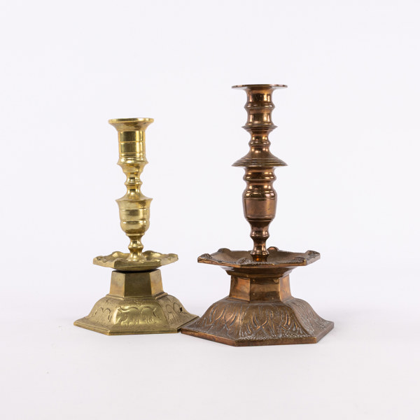 Ljusstakar, 2 st, brons och mässing, högsta 24 cm