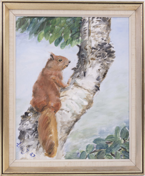 Oidentifierad konstnär, olja på duk, motiv med ekorre, signerad, 40 x 48 cm
