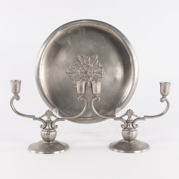 Ljusstakar, skål, tre delar, tenn, GAB, höjd 19,5 cm